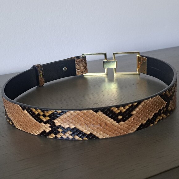 Gianfranco Ferre Italy Snakeskin Belt Unique Gold Metal Geometric Buckle VTG 90s main image 7